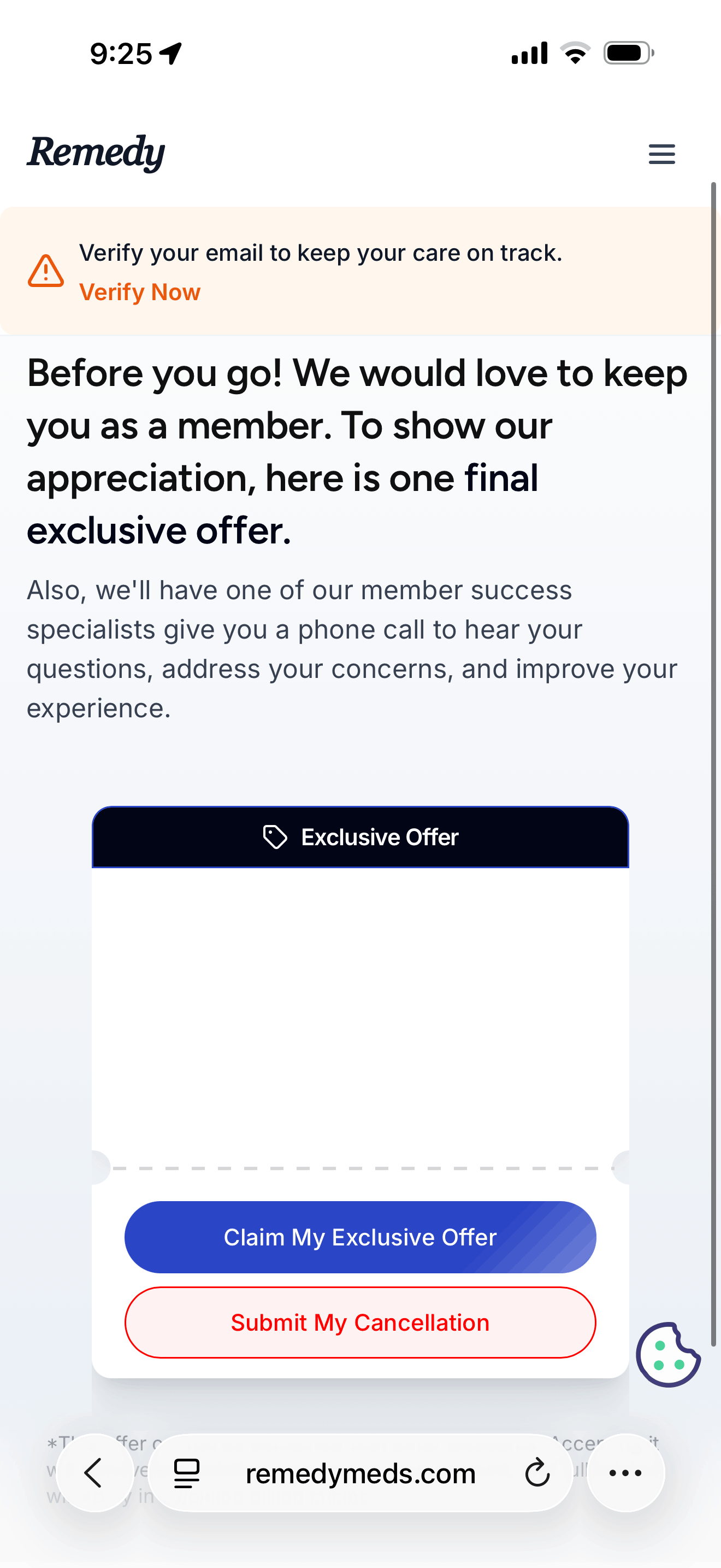 Remedy Meds final retention screen headed before you go with one final exclusive offer, a promise of a call from a member success specialist, and claim or submit my cancellation buttons