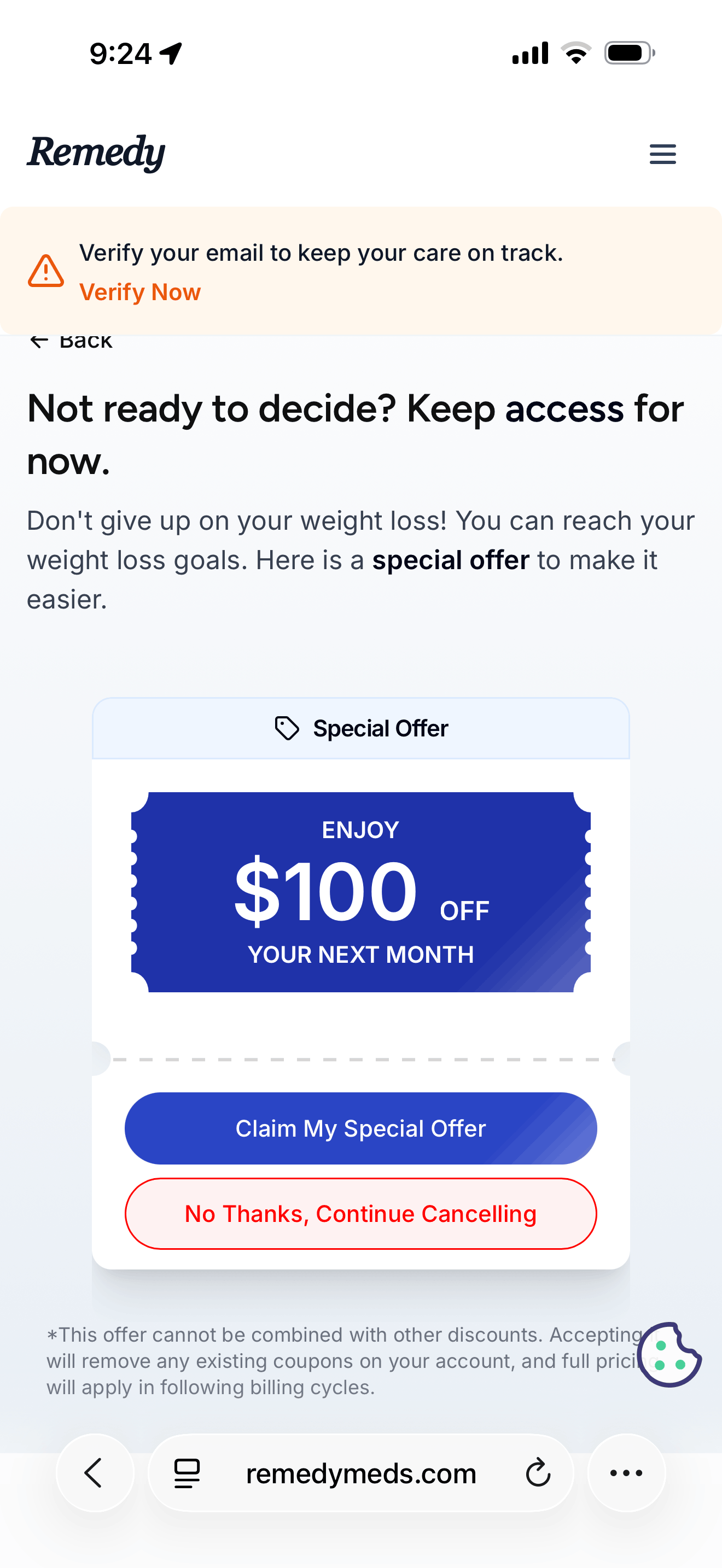 Remedy Meds retention screen offering $100 off your next month with claim my special offer and no thanks continue canceling buttons, and fine print about removing existing coupons