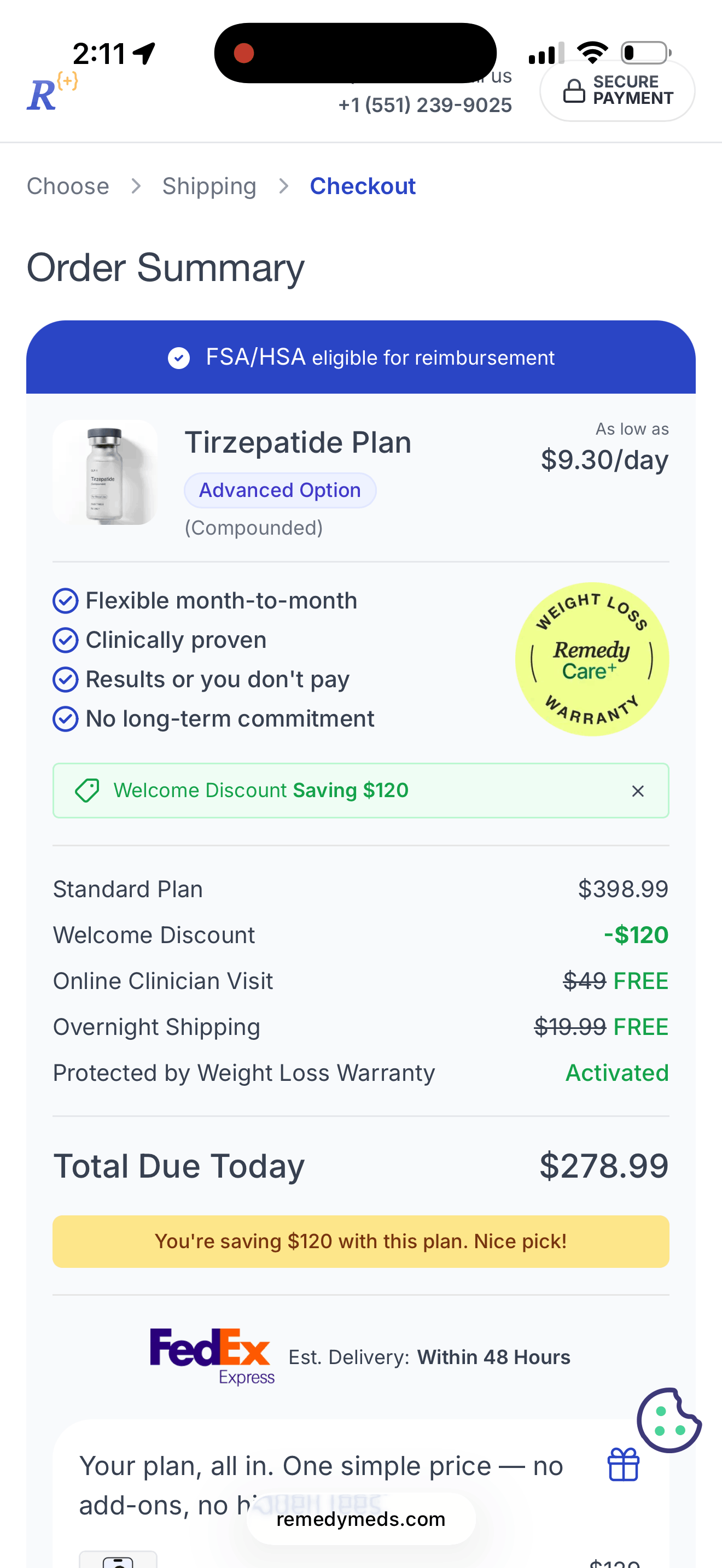 Remedy Meds checkout order summary showing a $398.99 standard plan, a $120 welcome discount, waived visit and shipping fees, warranty activated, and $278.99 due