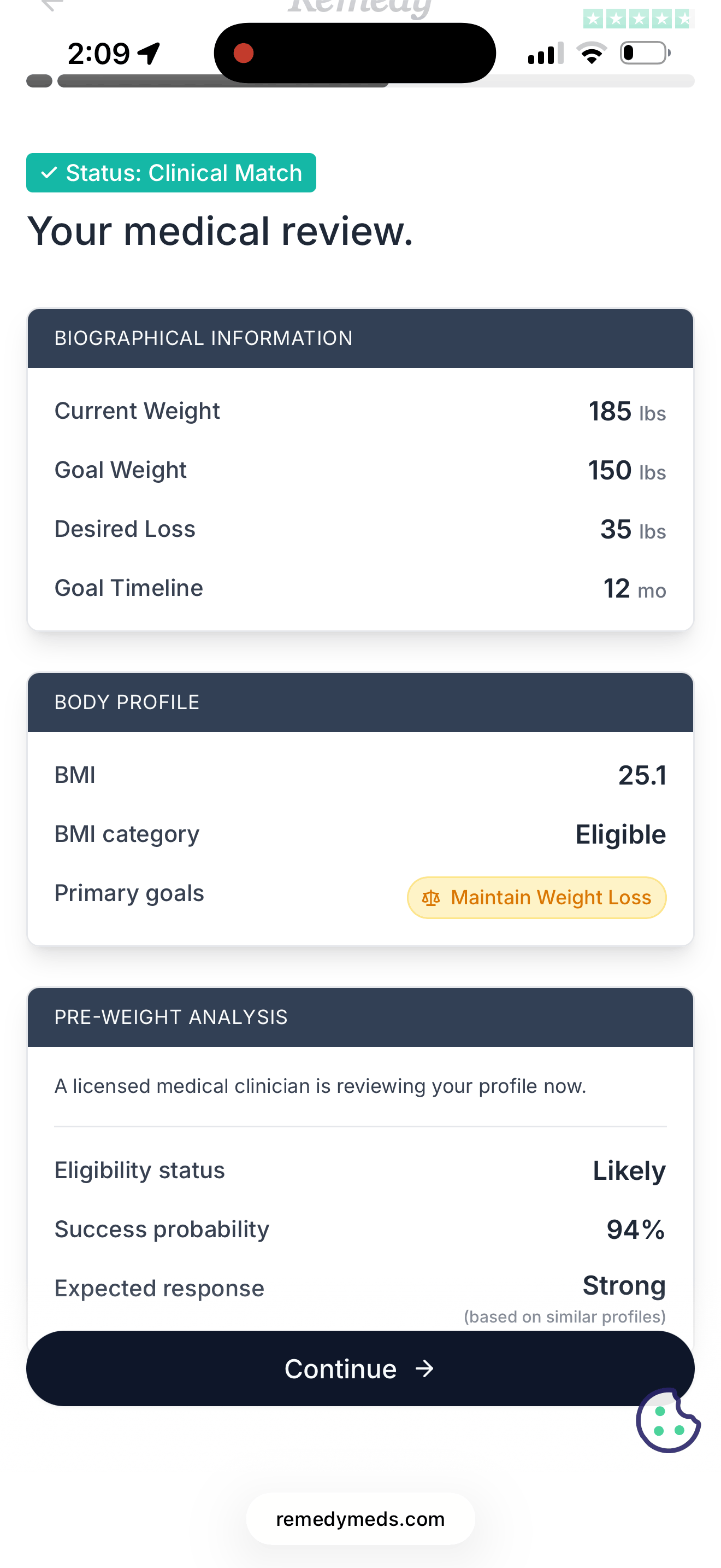 Remedy Meds clinical match screen showing BMI 25.1 marked eligible, a maintain weight loss goal, and a 94 percent success probability