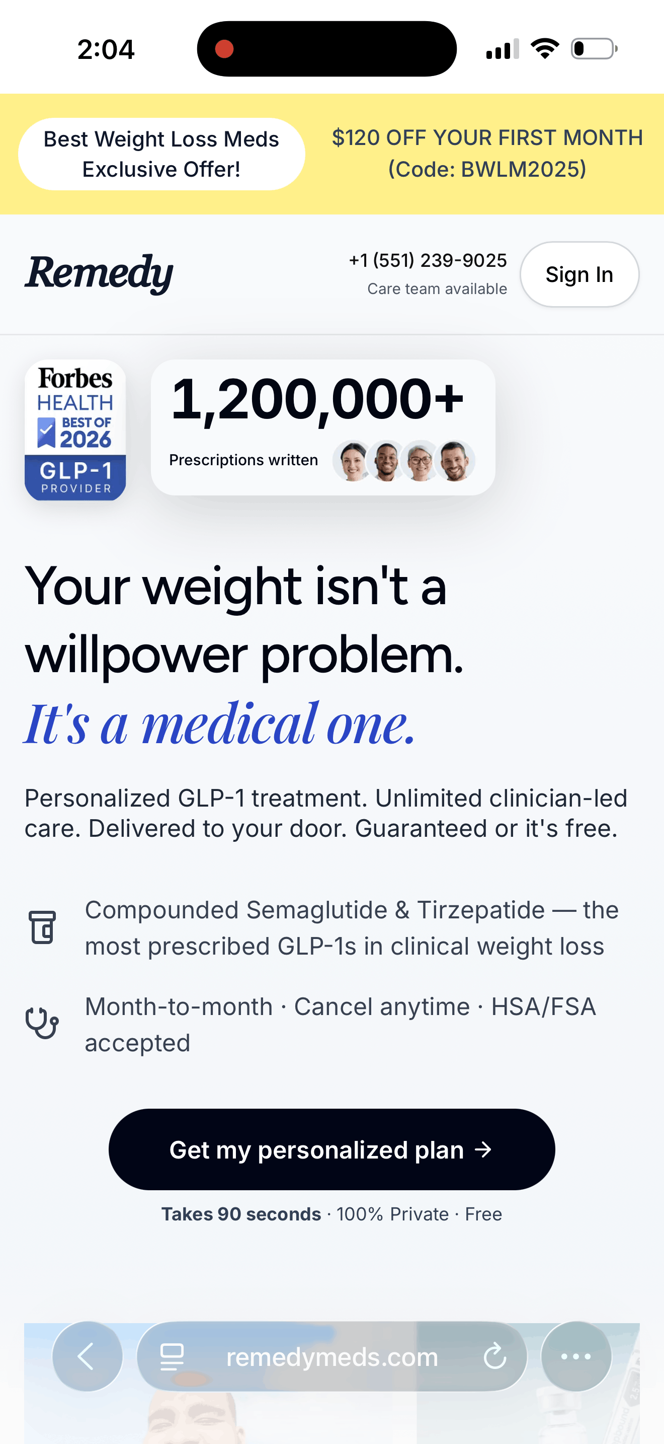 Remedy Meds homepage with a $120 off first month banner, a Forbes Health Best of 2026 GLP-1 Provider badge, 1,200,000 plus prescriptions, and the line guaranteed or it's free