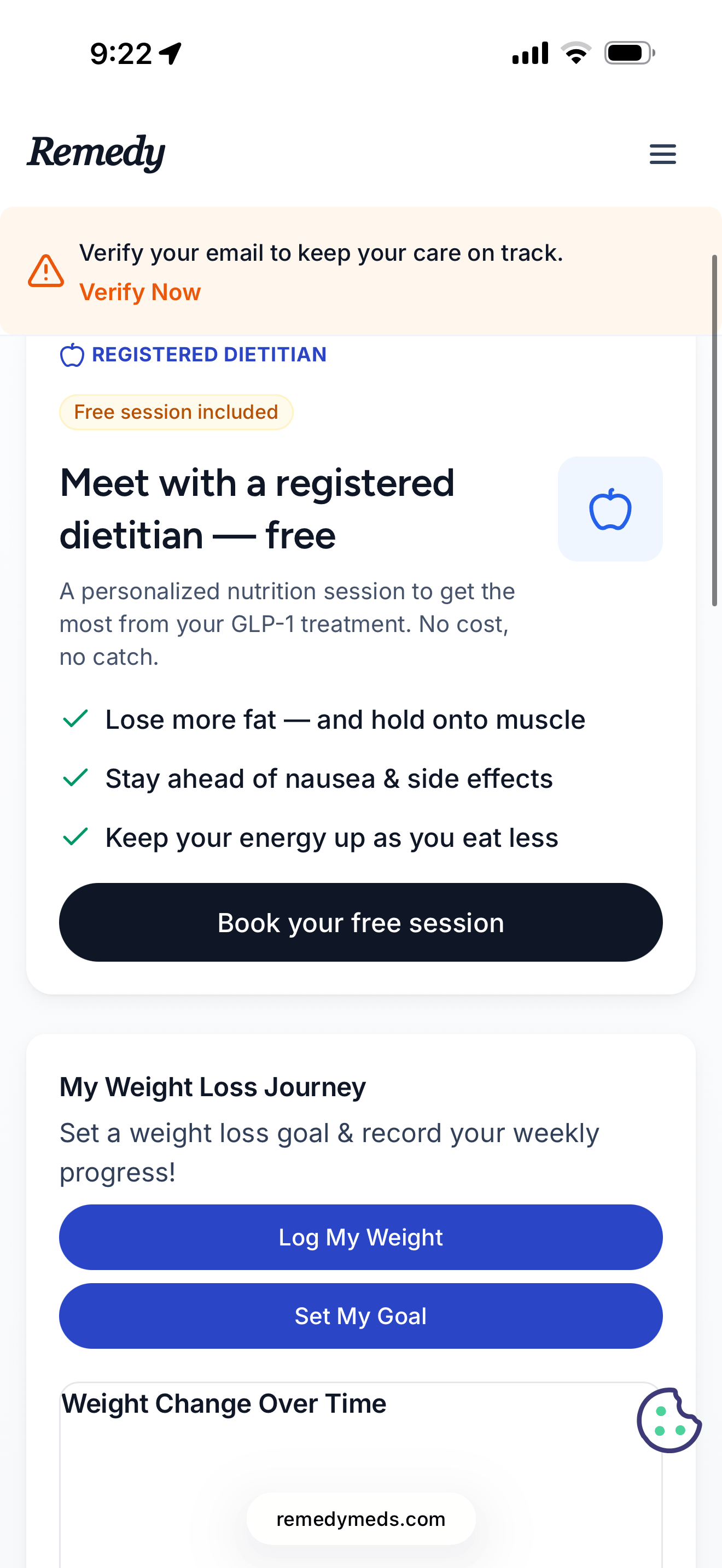 Remedy Meds portal home showing a free registered dietitian session card and a my weight loss journey panel with log my weight and set my goal buttons