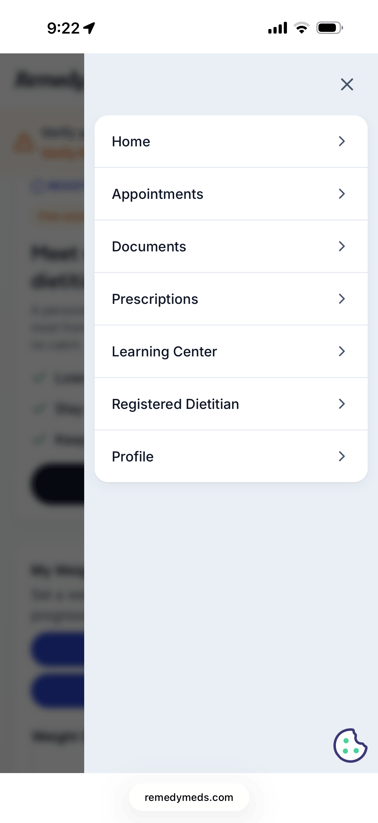 Remedy Meds portal side menu listing Home, Appointments, Documents, Prescriptions, Learning Center, Registered Dietitian, and Profile