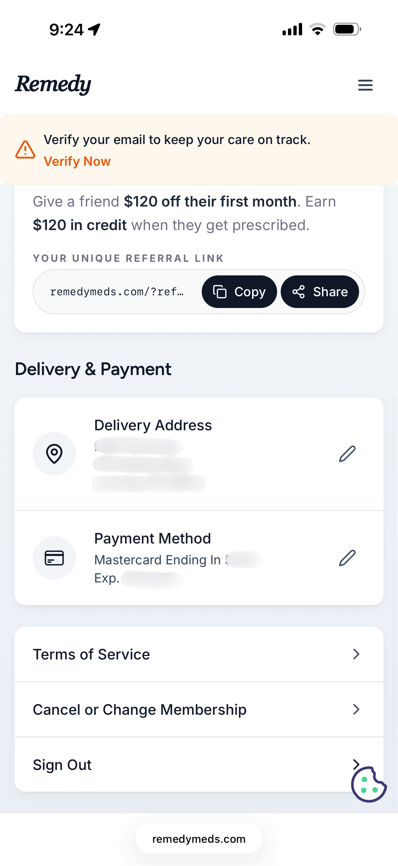 Remedy Meds profile tab showing a $120 referral program, masked delivery address and payment method, terms of service, and cancel or change membership at the bottom
