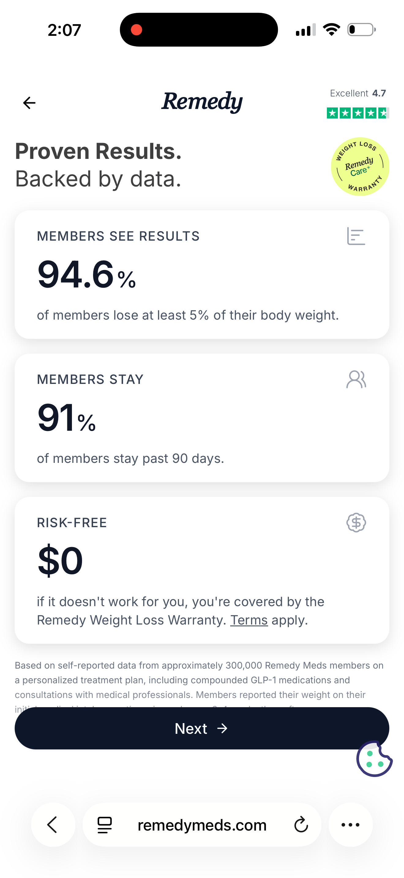 Remedy Meds intake screen headed proven results backed by data showing 94.6 percent of members lose 5 percent, 91 percent stay past 90 days, and a $0 warranty claim