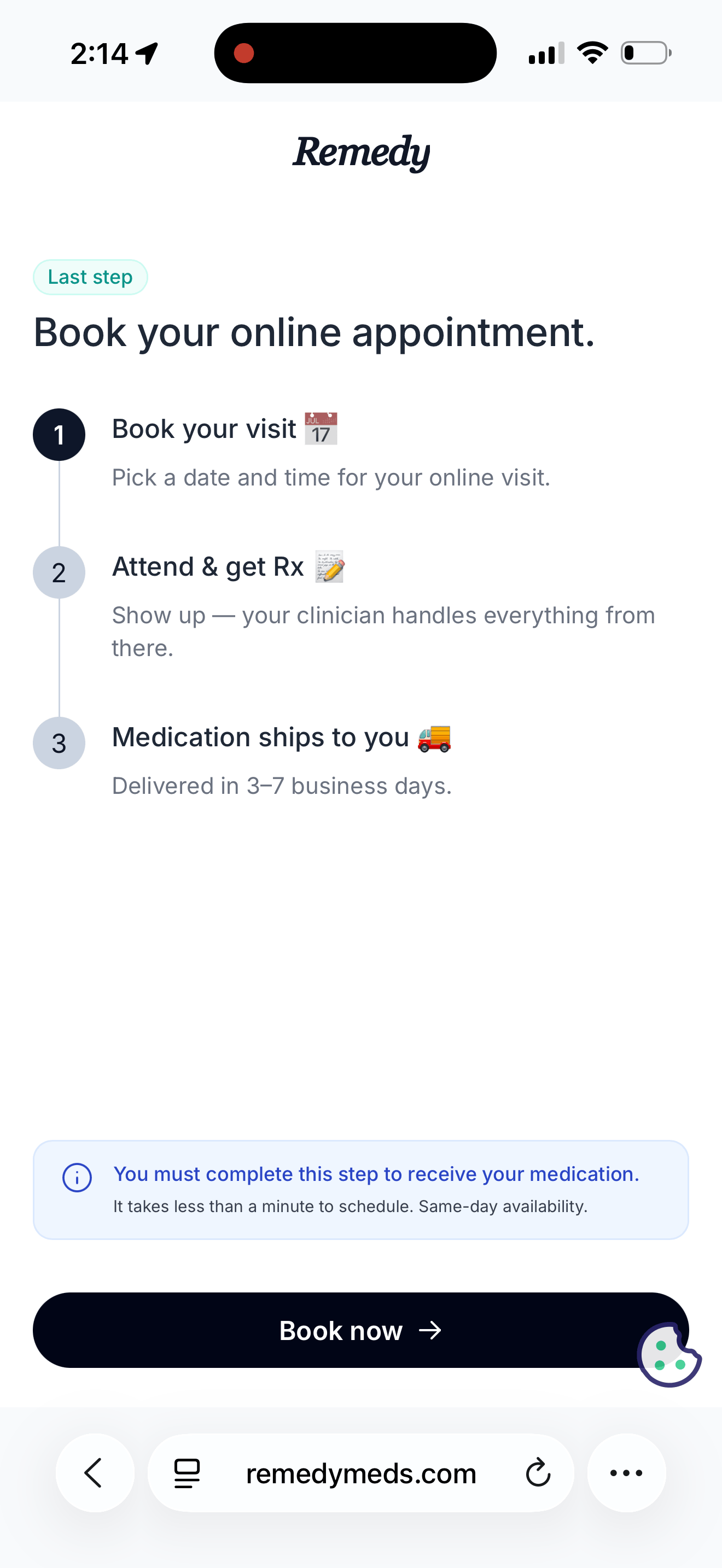 Remedy Meds post-payment screen headed book your online appointment, marked last step, stating you must complete this step to receive your medication