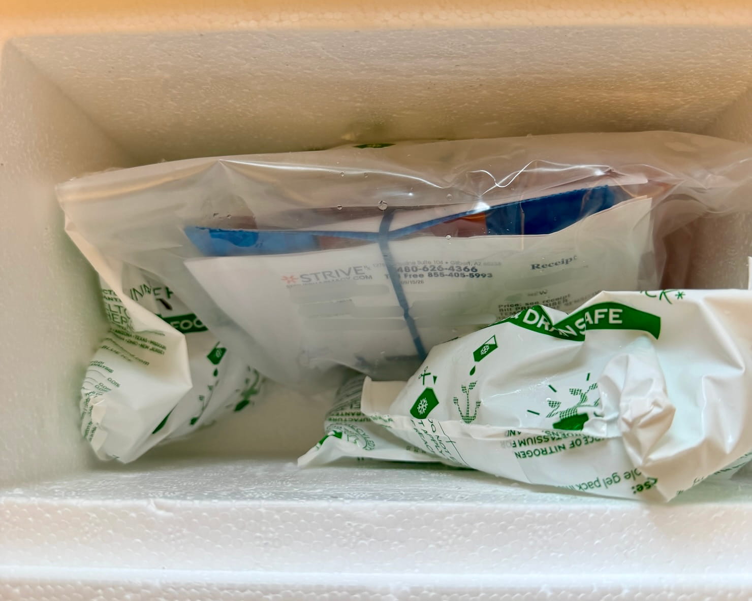 Open styrofoam cooler holding two Nutri-Ice gel packs and a clear zip bag containing the blue Strive mailer and a folded receipt