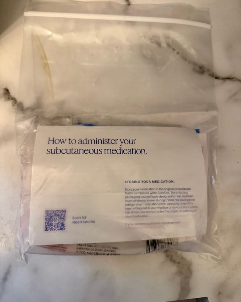 Clear zip bag containing a Strive card headed how to administer your subcutaneous medication with a QR code for a video tutorial