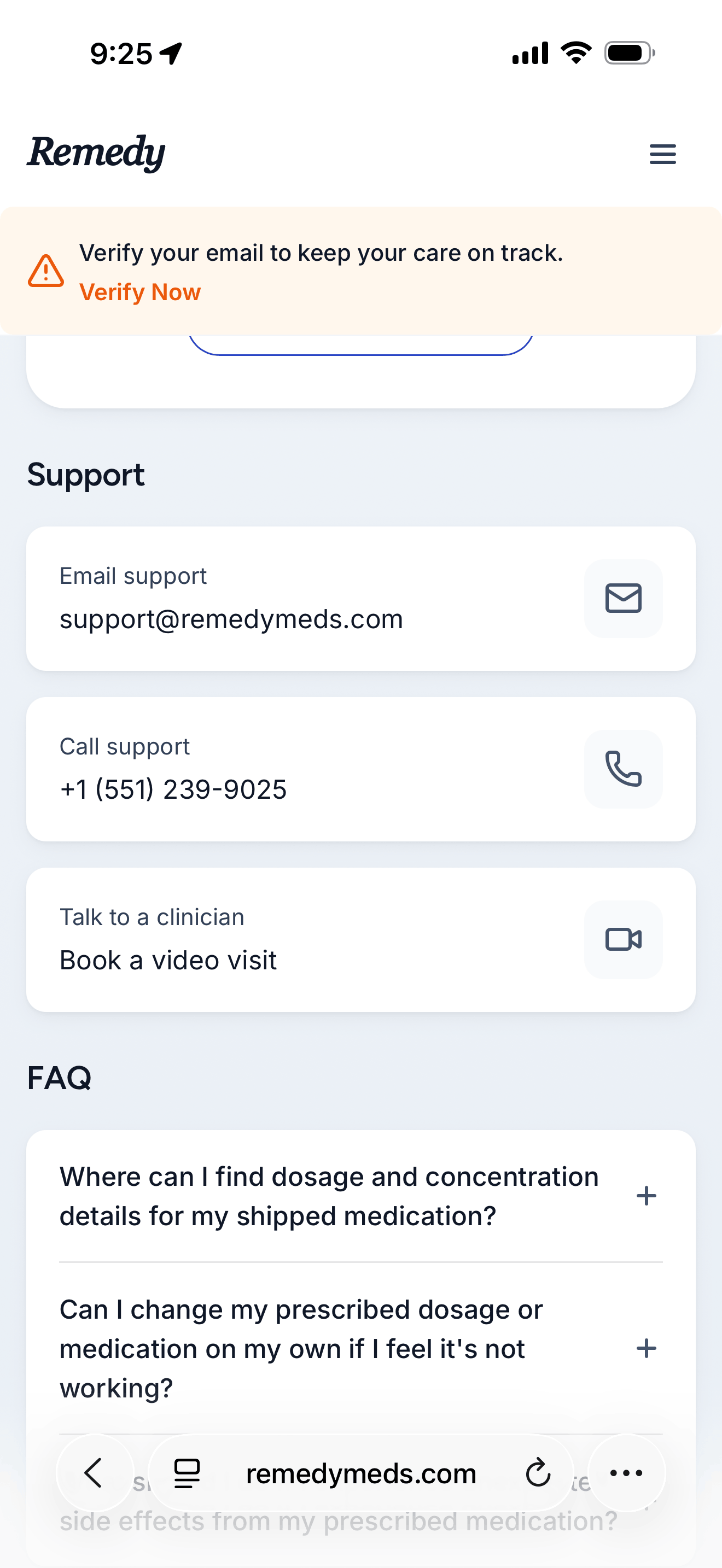 Remedy Meds support screen offering email support, a phone number, and a book a video visit option, with an FAQ list below