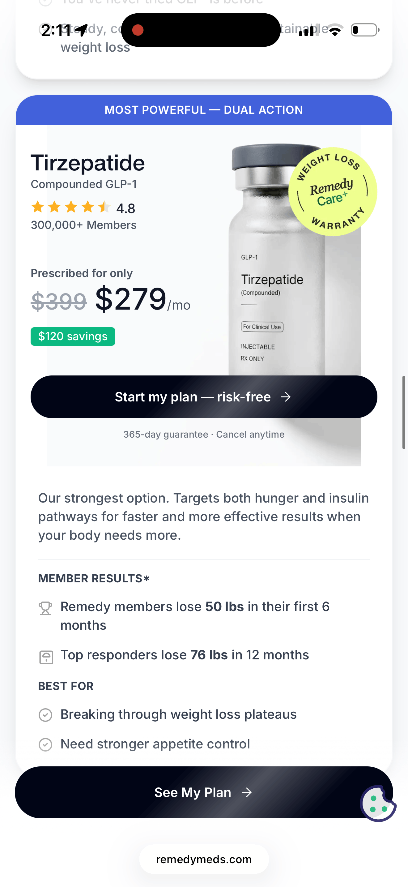 Remedy Meds tirzepatide plan card at $279 a month down from $399 with a 365-day guarantee, a Remedy Care Plus warranty seal, and member weight loss claims