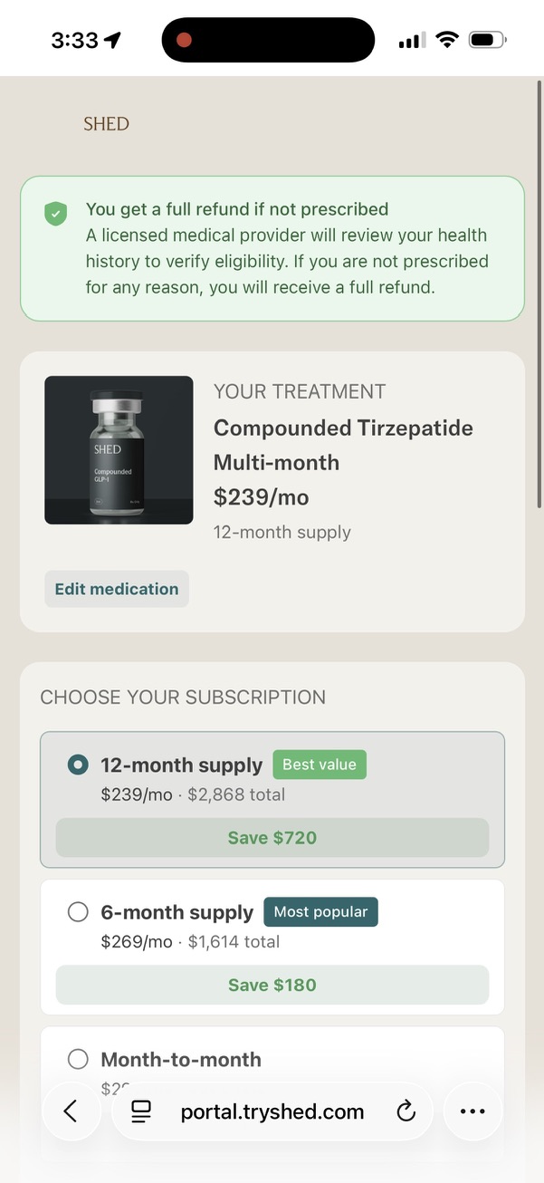 Shed checkout showing compounded tirzepatide subscription tiers at $239, $269, and $299 per month with a full refund if not prescribed