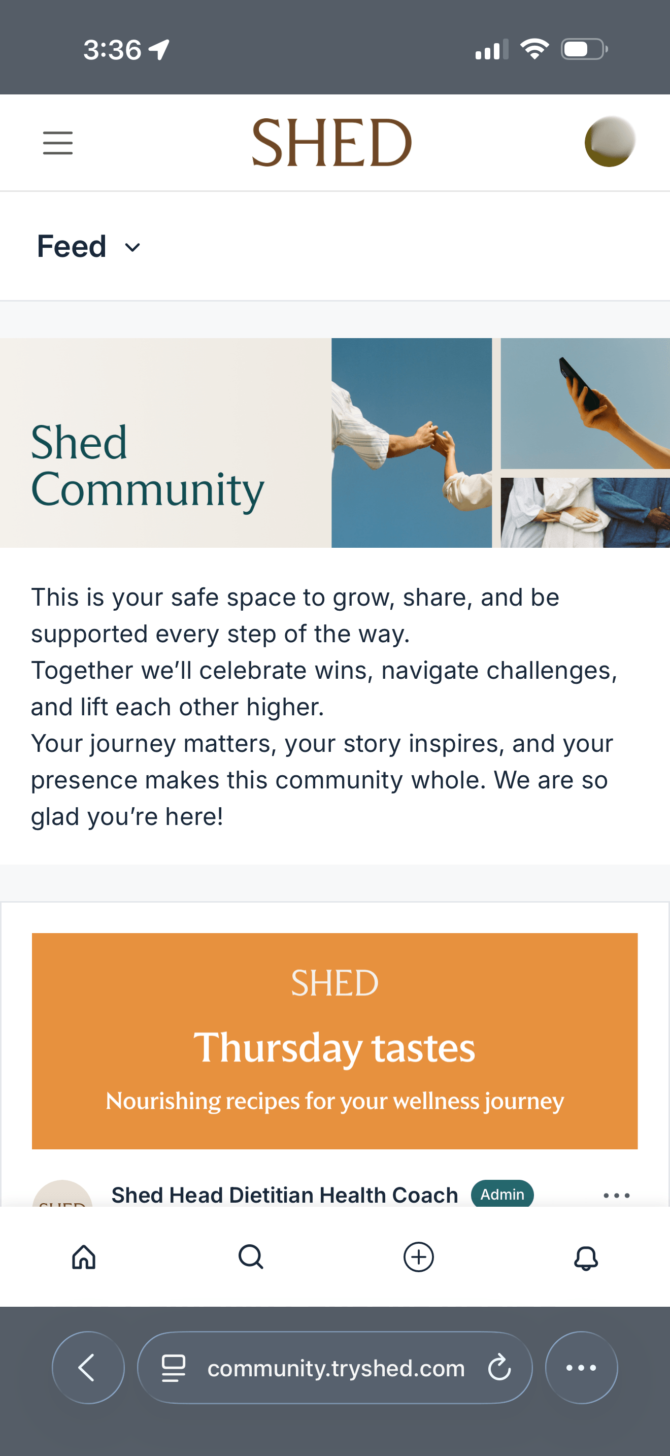 Shed Community feed with a welcome message and a recipe post from the head dietitian health coach