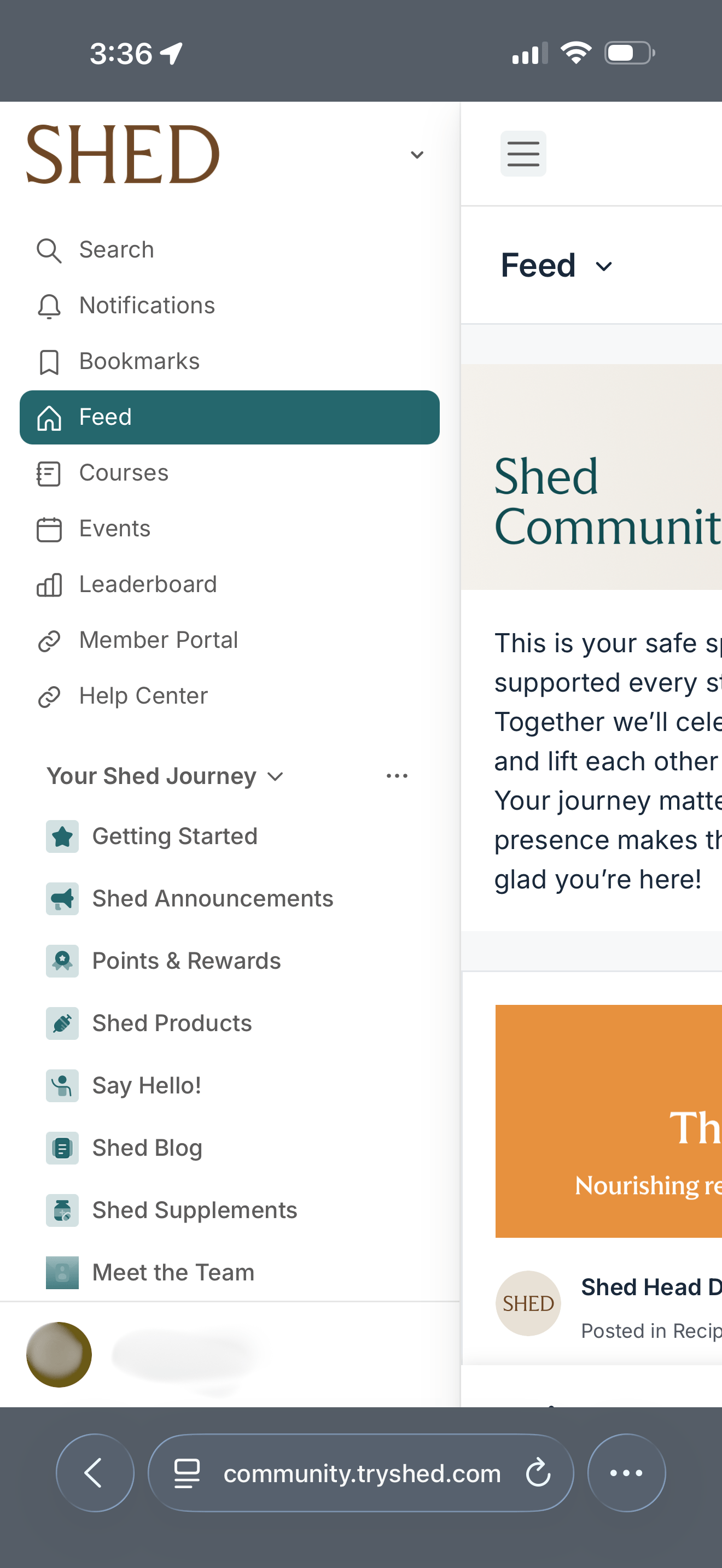 Shed Community sidebar navigation showing Feed, Courses, Events, Leaderboard, and Your Shed Journey channels