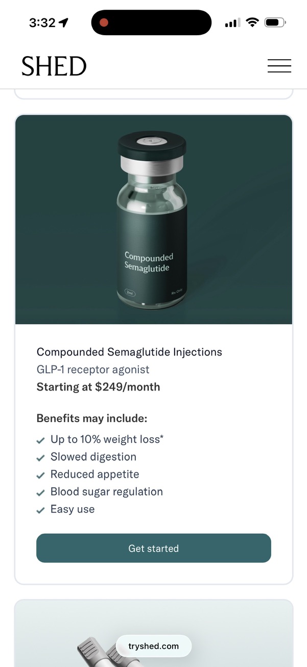 Shed product page showing compounded semaglutide listed at $249 per month
