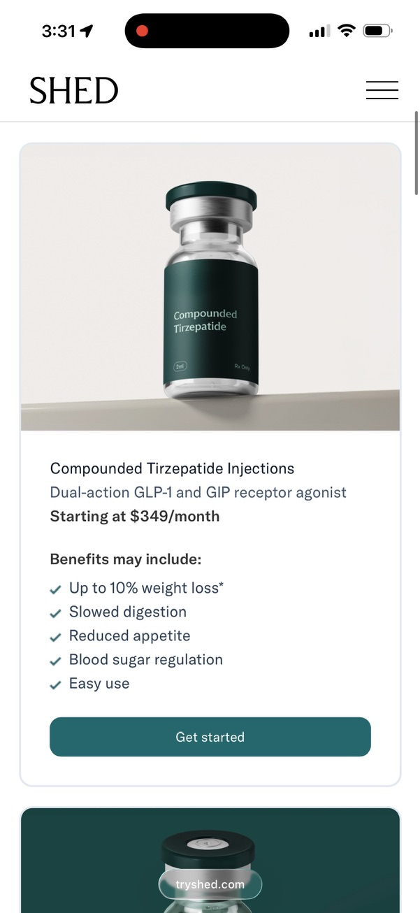 Shed product page showing compounded tirzepatide listed at $349 per month with an up to 10% weight loss claim
