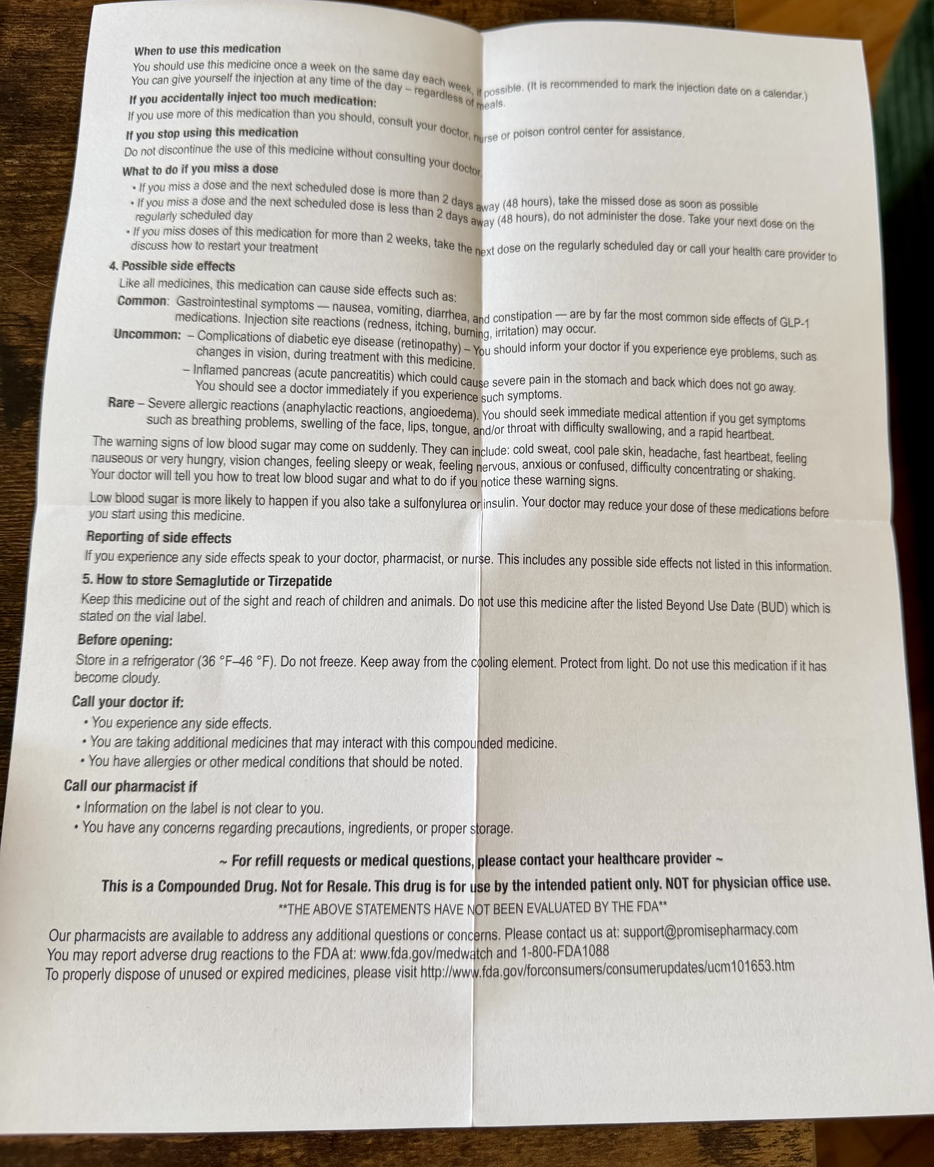 Promise Pharmacy GLP-1 medication leaflet front page covering what semaglutide and tirzepatide are and who should not use them