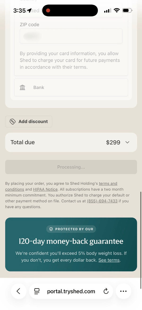 Shed payment screen showing $299 total due, a two month minimum commitment in the terms, and a 120-day money-back guarantee