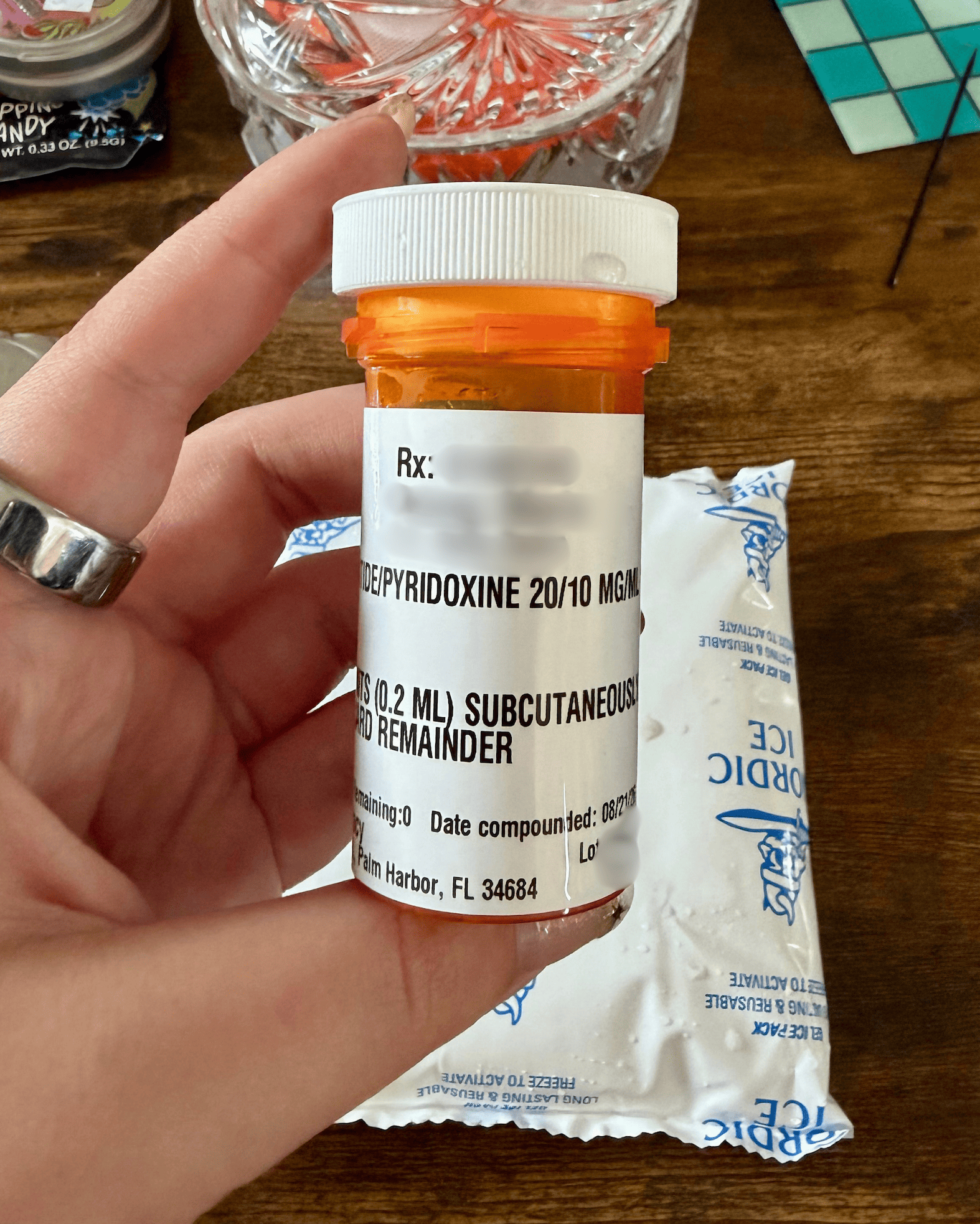 Shed pharmacy label showing tirzepatide pyridoxine at 20/10 mg per mL with subcutaneous weekly directions