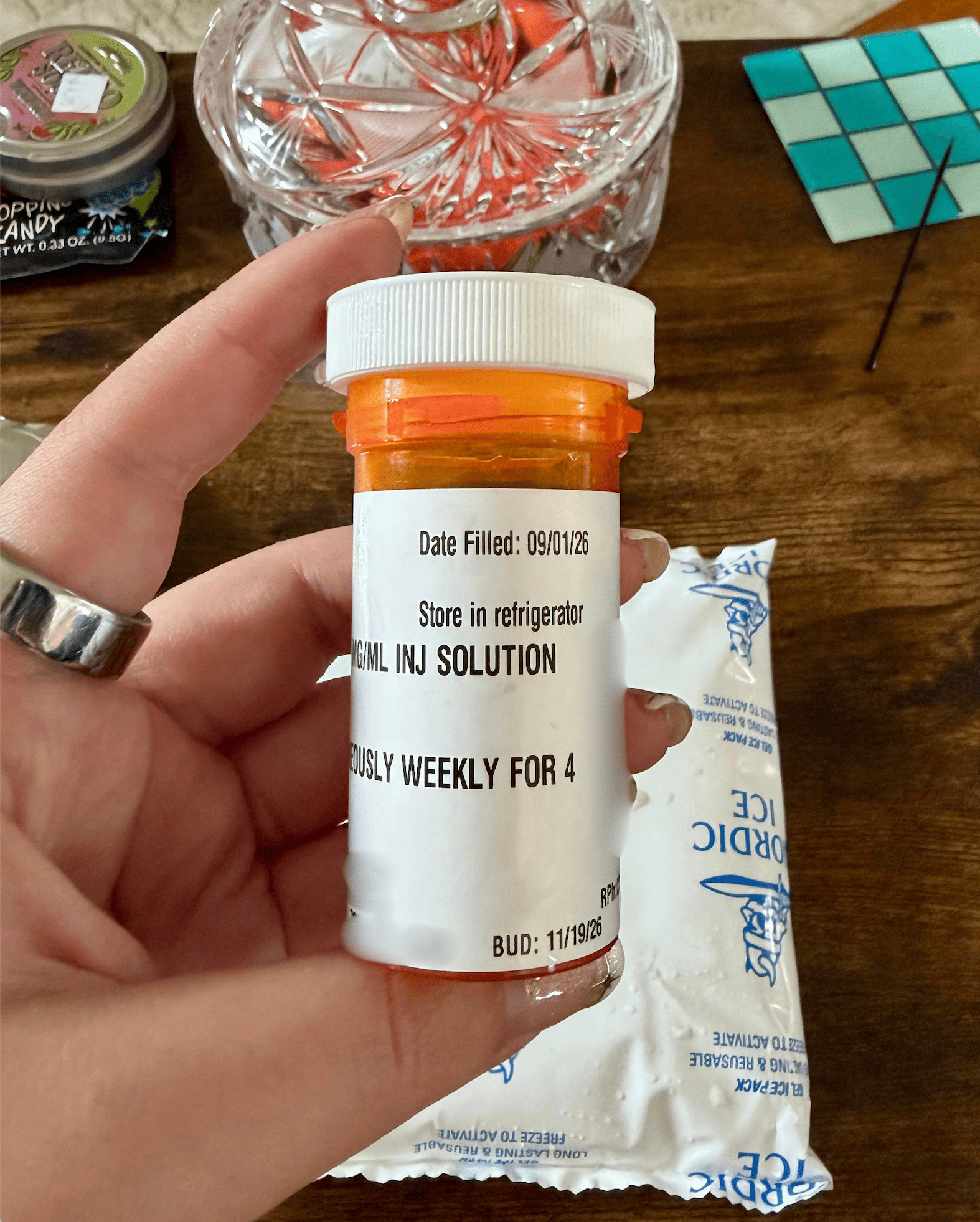 Shed pharmacy label showing date filled September 1 2026, refrigerated storage, and a beyond-use date of November 19 2026