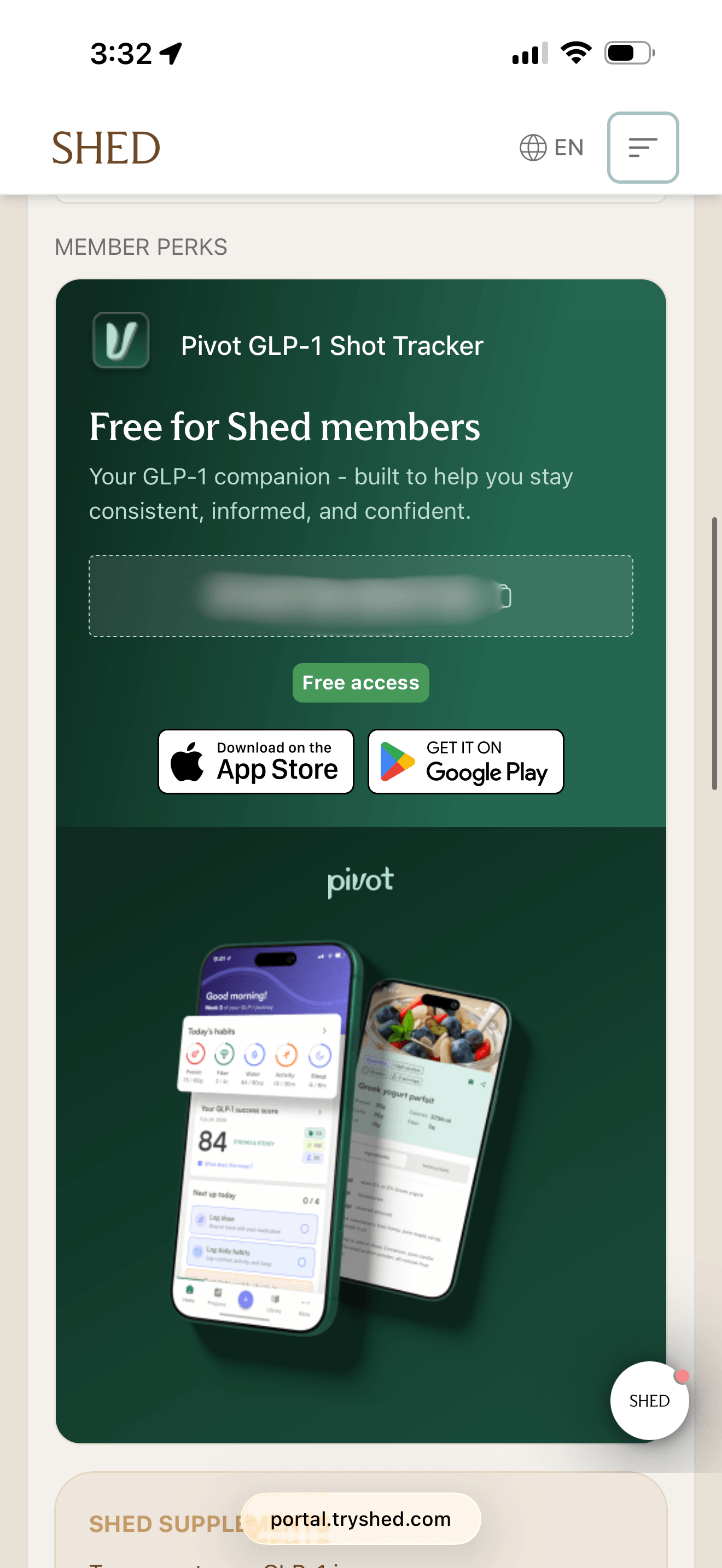 Pivot GLP-1 Shot Tracker offered free to Shed members with a member access code and App Store and Google Play links