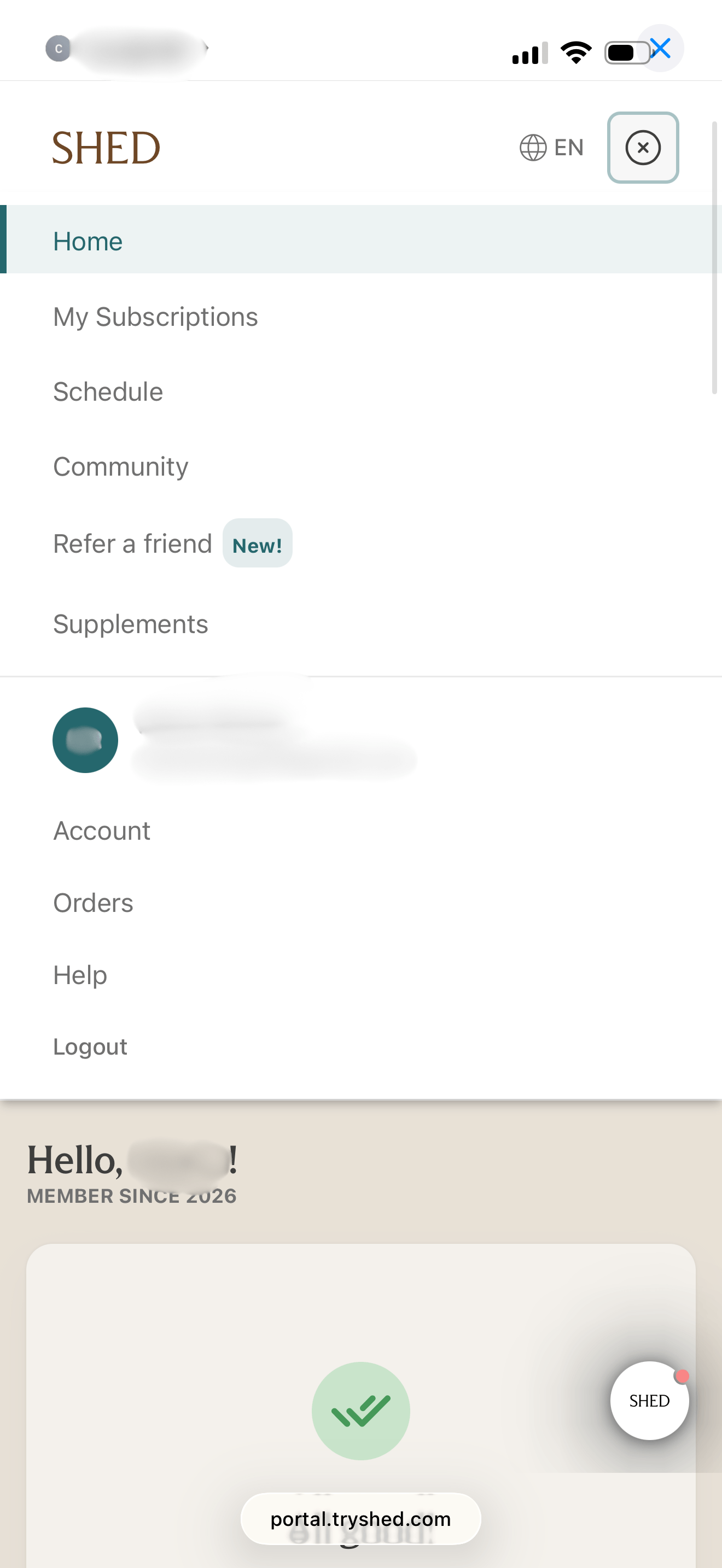 Shed patient portal navigation menu showing Home, My Subscriptions, Schedule, Community, Refer a friend, and Supplements