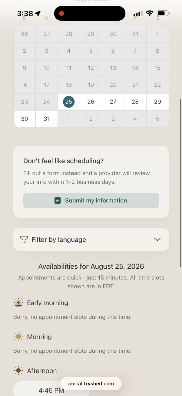Shed scheduler calendar for August 2026 with the option to submit a form instead of booking an appointment
