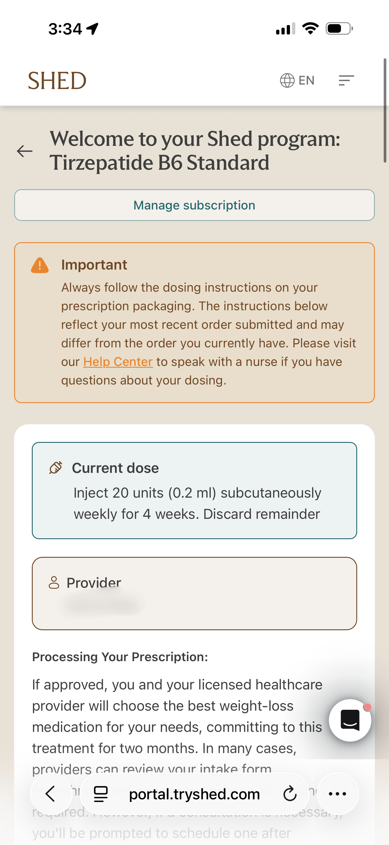 Shed treatment details screen showing the tirzepatide B6 standard program, current dose, and prescribing provider