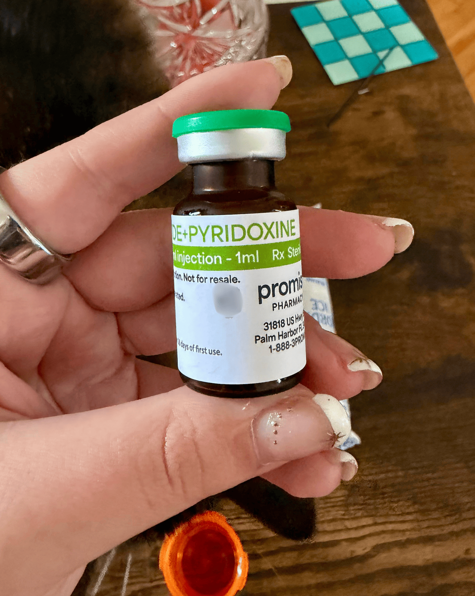 Shed vial label showing the tirzepatide plus pyridoxine combination compounded by Promise Pharmacy as a 1 mL sterile injection