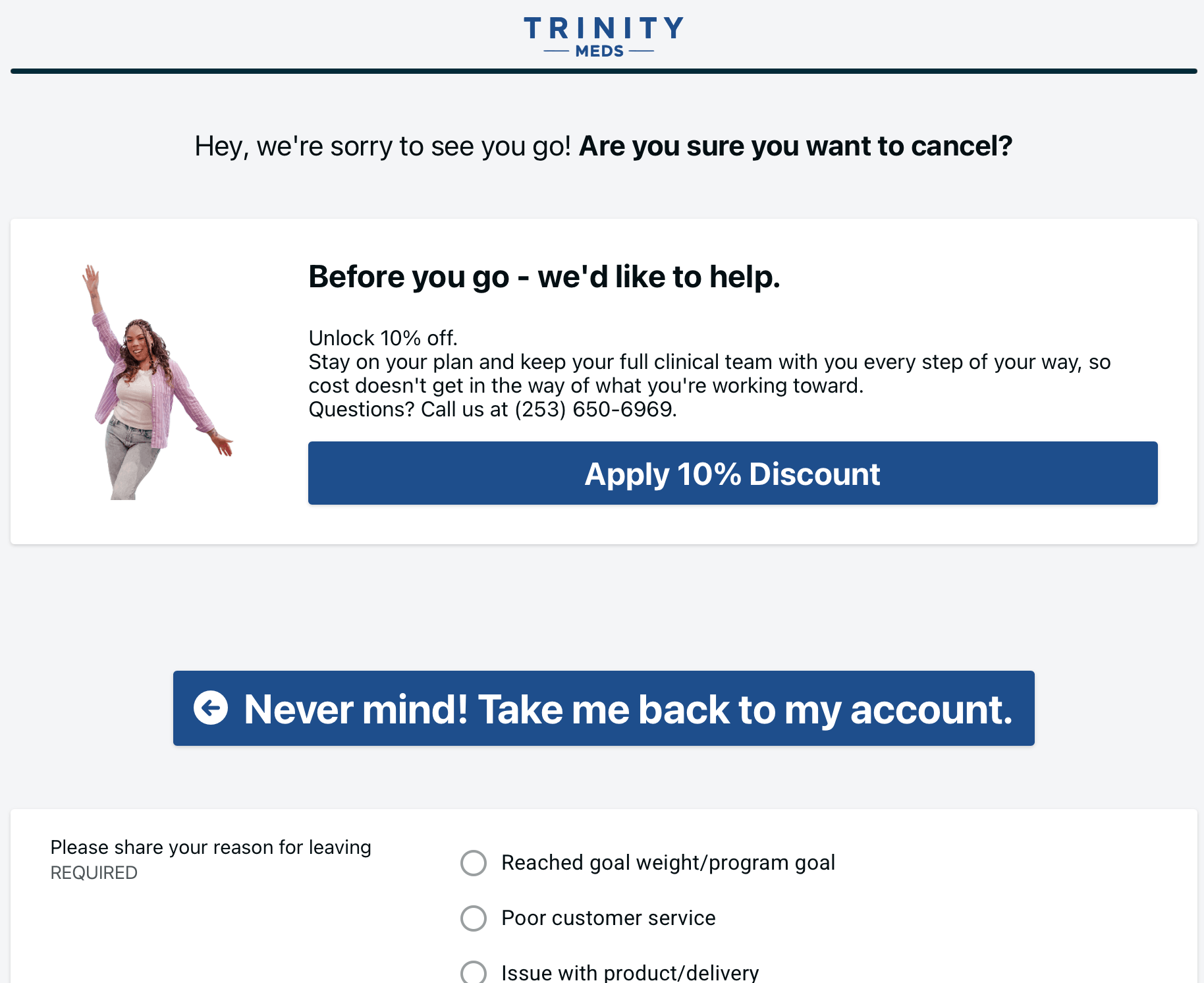 Trinity Meds cancellation page displaying "Hey, we're sorry to see you go" message with 10% off retention offer, "Apply 10% Discount" button, and option to return to account