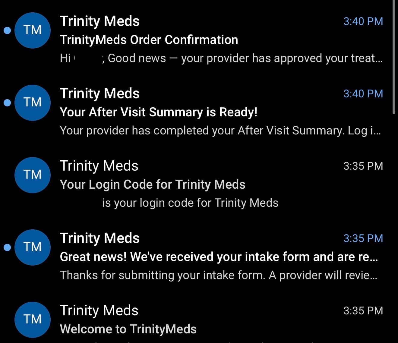 Trinity Meds confirmation emails received shortly after completing intake.