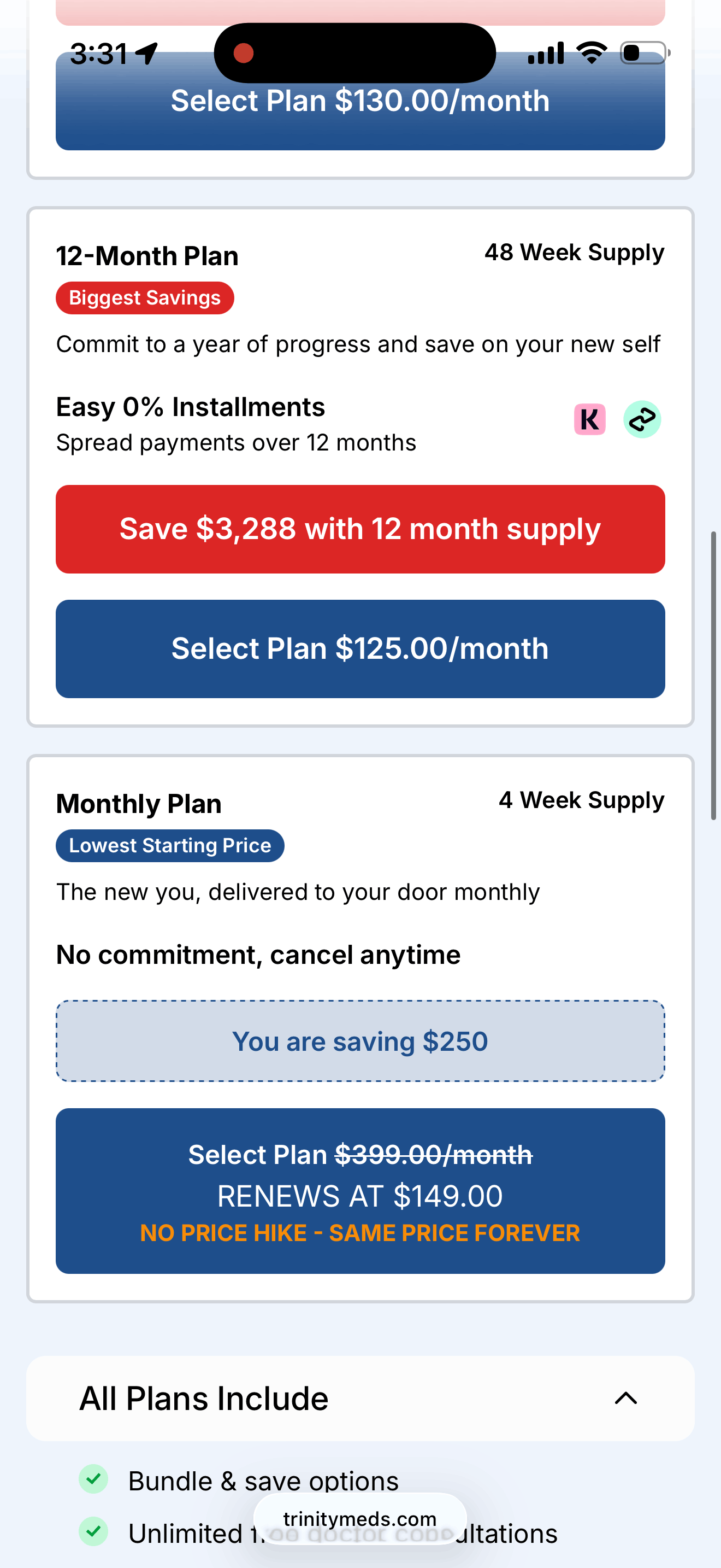Trinity Meds checkout screen displaying plan options, pricing comparison, and struck-through list prices for bulk-purchase discount calculation