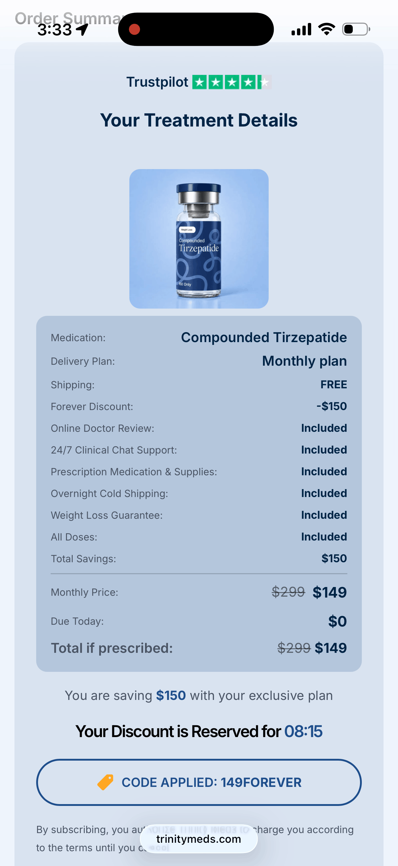 Trinity Meds order confirmation showing $149/month pricing with "NO PRICE HIKE" messaging, 149FOREVER code applied, $0 due at signup