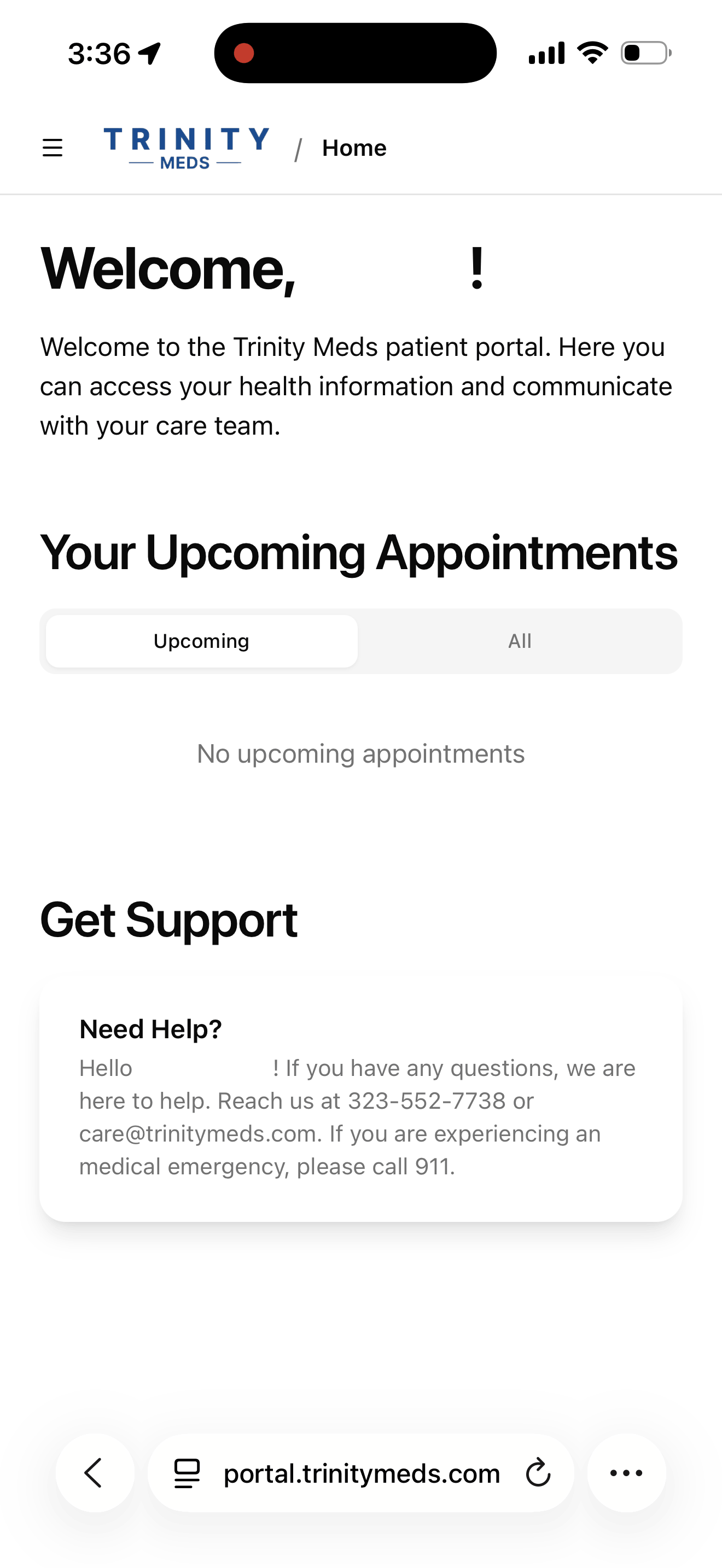 Trinity Meds portal home screen showing navigation menu with eight options: Home, Appointments, My Forms, My Orders and Subscriptions, Payments, Documents, Education and Resources, Profile Settings