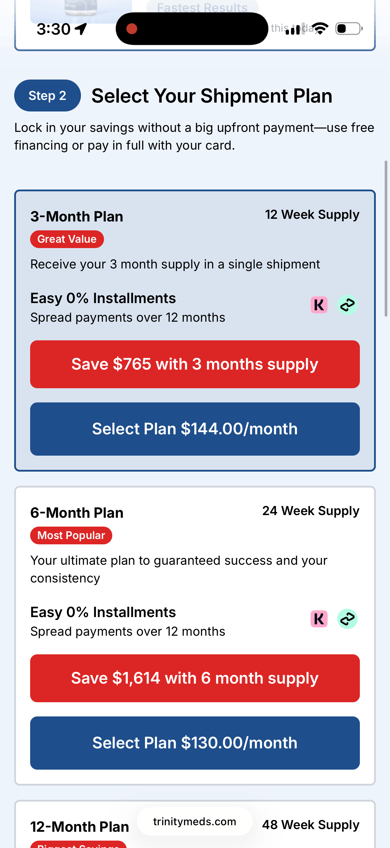 Trinity Meds pricing page showing 3-month ($144), 6-month ($130), and 12-month ($125) plan options with savings calculator versus $399 list price