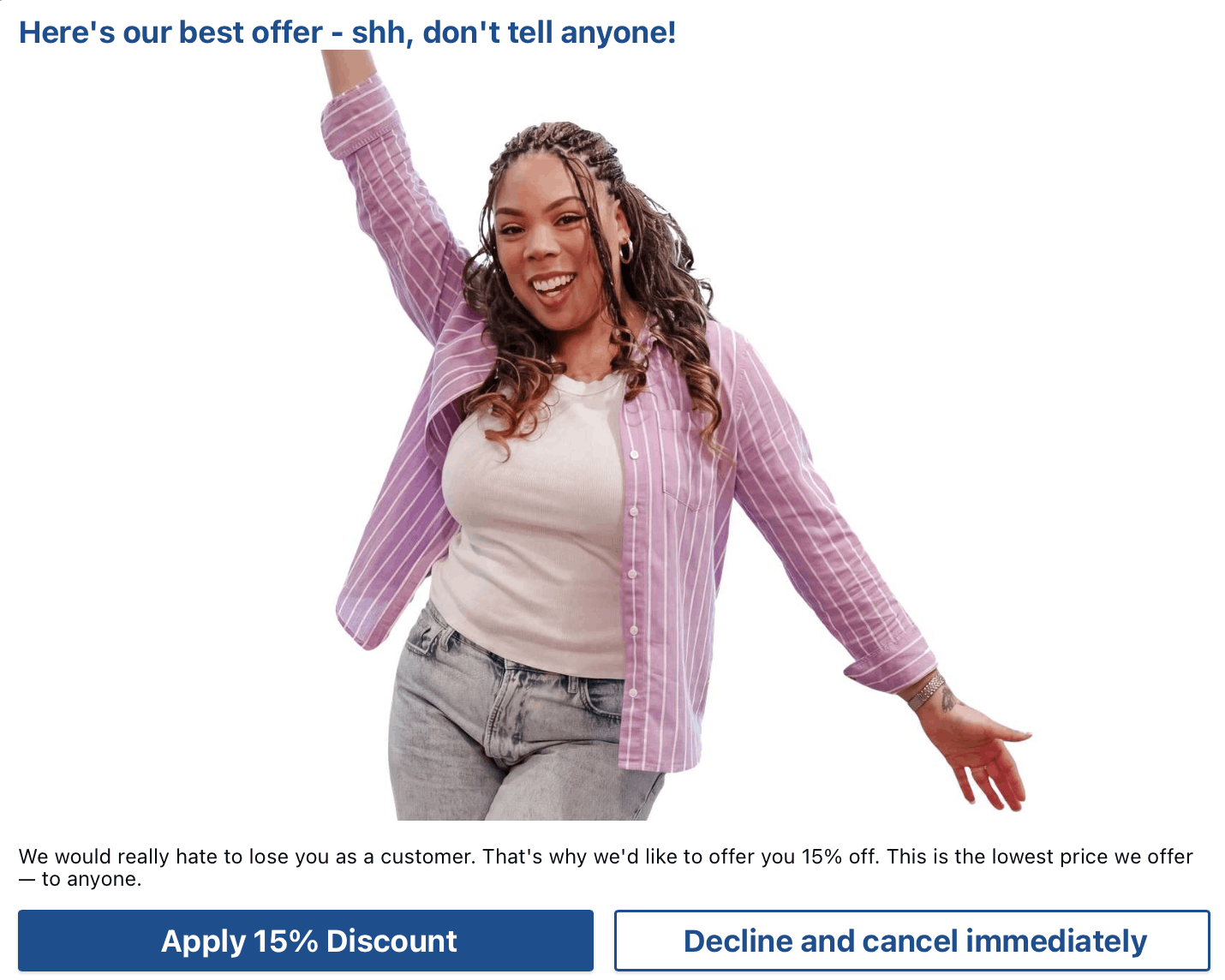 Trinity Meds second cancellation screen offering "Here's our best offer - shh don't tell anyone!" with 15% discount (described as lowest price offered to anyone), taking $149 to $126.65 monthly