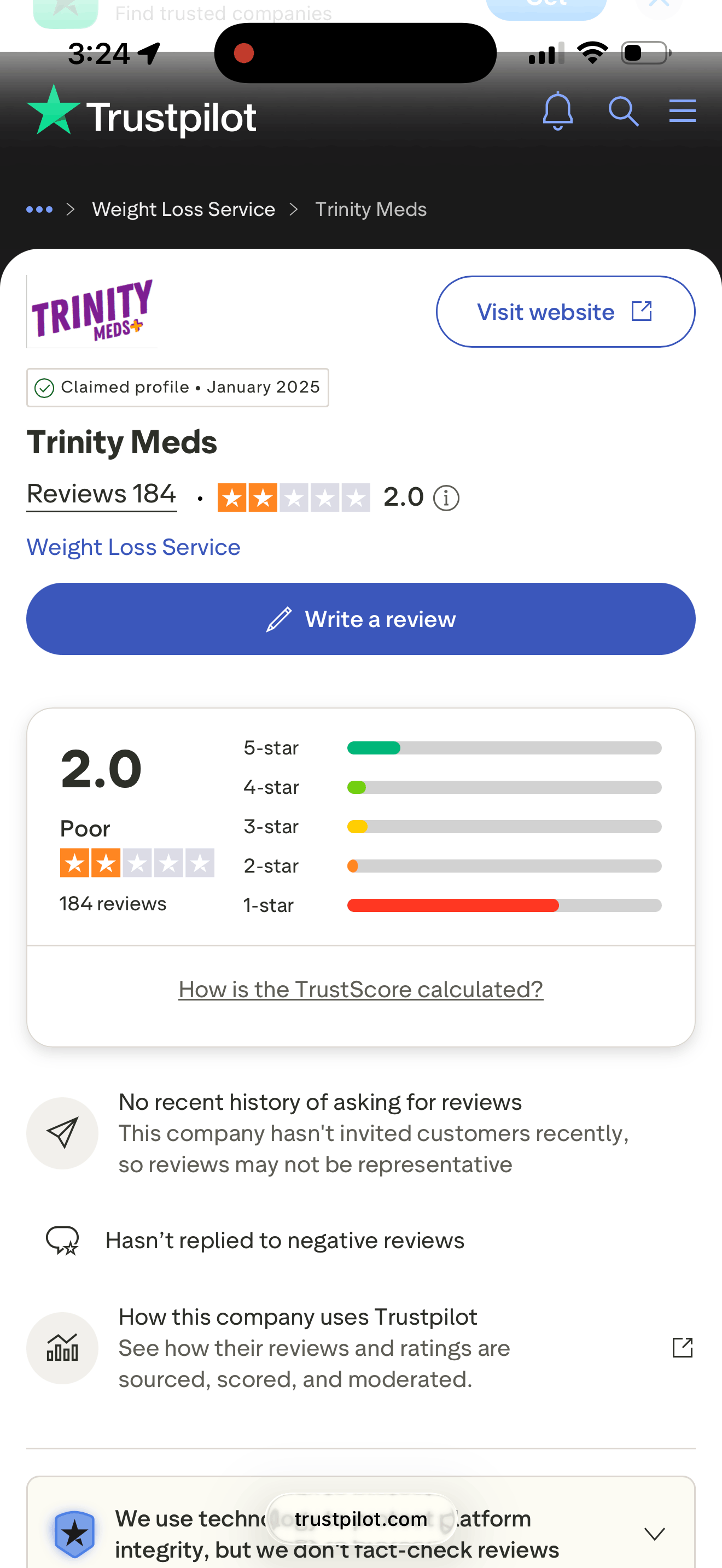 Trinity Meds Trustpilot profile showing 2.0-star rating (four stars and a sliver of the fifth) across 184 reviews, with 72% one-star ratings visible