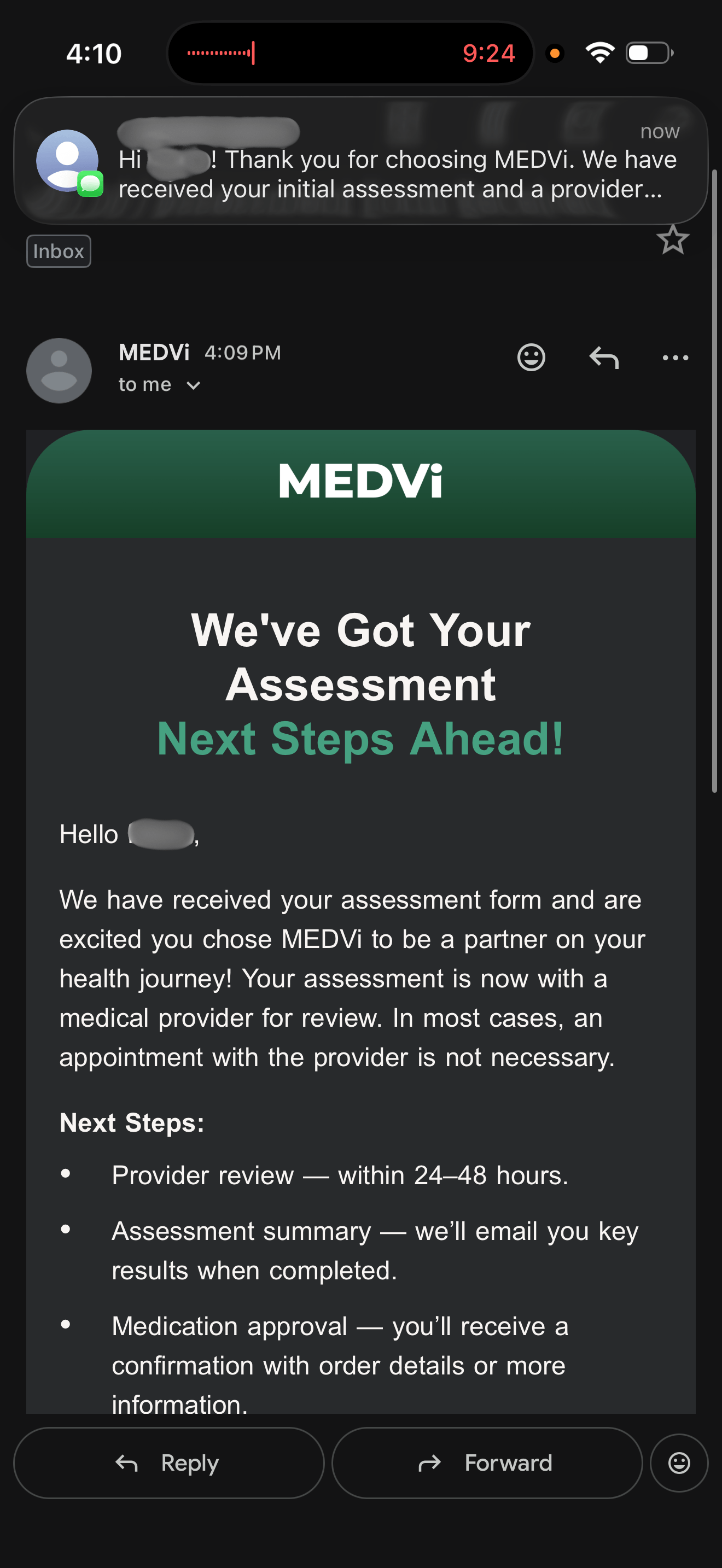 Assessment confirmed message with next steps text message.
