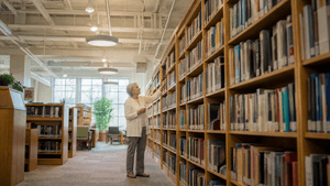 woman in her 60s reaching for a book in the library