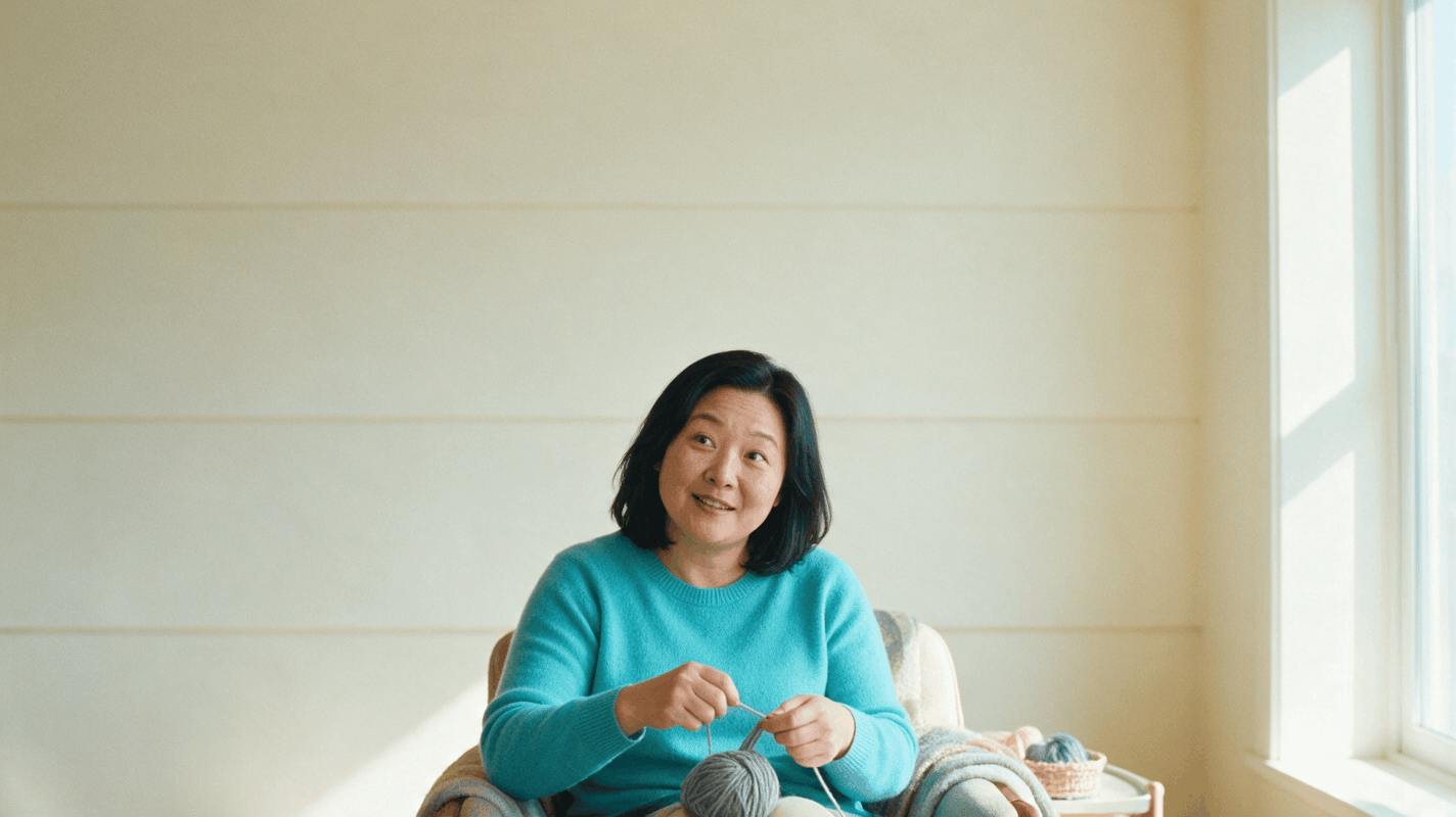 A woman in her late forties winds gray yarn into a ball in a sunny living room.
